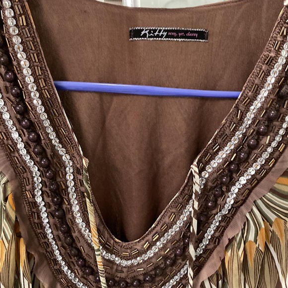 Brown multi color print bohemian style embellished dress. NWOT - Picture 4 of 7